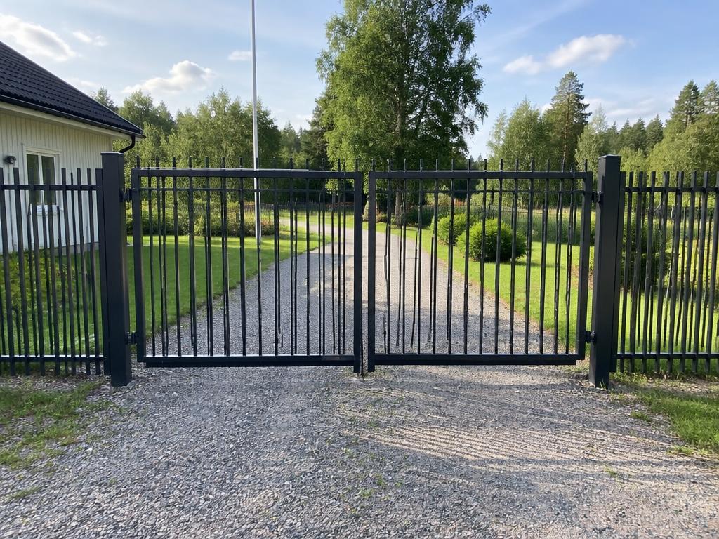 Slaggrind och staket – Svart dubbel slaggrind med matchande staket vid villaträdgård.