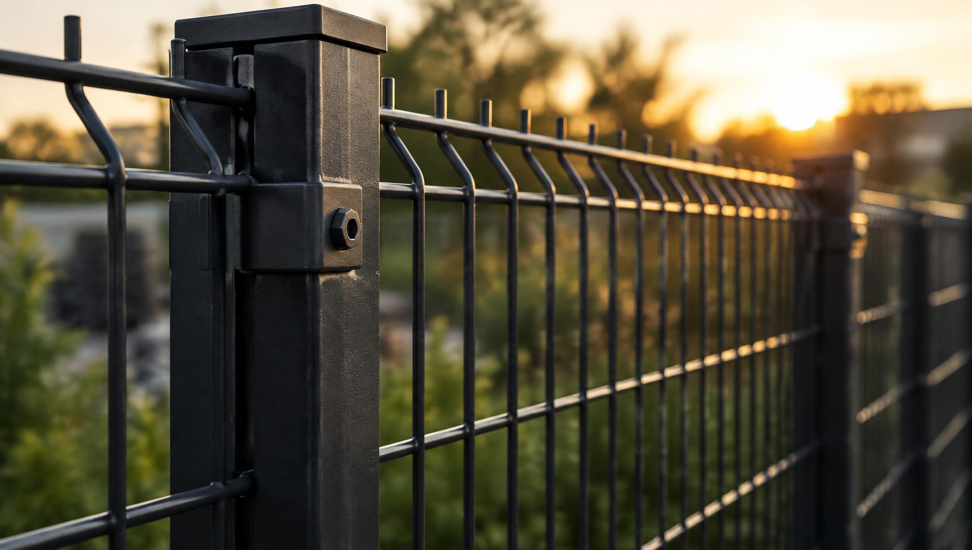 Panelstängsel i trädgården – Mörkt panelstängsel med stolpe bland grönska.